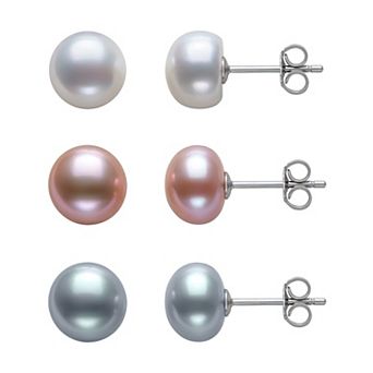 Velori Rhodium Over Sterling Silver Freshwater Cultured Pearl Post Earrings Trio Set