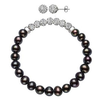 Velori Rhodium Over Sterling Silver Freshwater Pearl & Crystal Bead Stretch Bracelet & Post Earrings Set