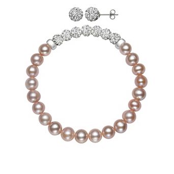 Velori Rhodium Over Sterling Silver Freshwater Pearl & Crystal Bead Stretch Bracelet & Post Earrings Set