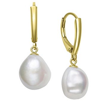 Velori 14k Gold Over Sterling Silver Baroque Cultured Freshwater White Pearl Leverback Earrings