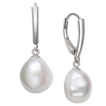 Velori Rhodium Over Sterling Silver Baroque White Freshwater Cultured Pearl Leverback Earrings