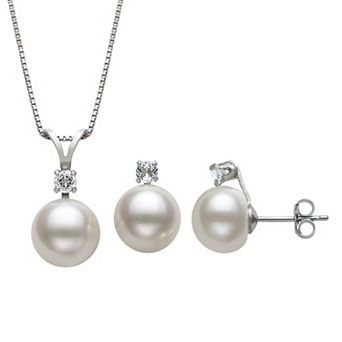 Velori Rhodium Over Sterling Silver White Topaz & Cultured Freshwater Pearl Earrings & Pendant Necklace Set