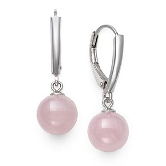 Velori Rhodium Over Sterling Silver Bead Pink Quartz Leverback Earrings