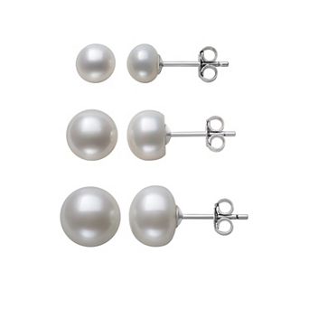 Velori Rhodium Over Sterling Silver Polished Freshwater Cultured Pearl Post 3-Pair Earrings Set