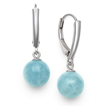 Velori Rhodium Over Sterling Silver Bead Milky Aquamarine Leverback Earrings