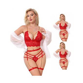 3 Packs Women's Lingerie Set Wireless Lace Plunge Bra and Panty with Garter Belts 3 pc