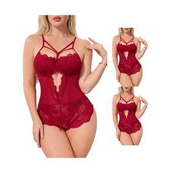 3 Packs Women Floral Lace Bodysuit Crisscross Cut Out Lingerie Wireless V Neck Nightgown