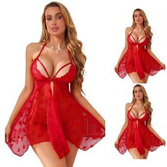 3 Packs Women's Front Closure Lingerie Sets Lace Heart Print Dress Nightgown Thong Set VNeck Chemise