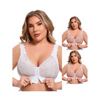 3 Packs Women's Front Closure Lace Bra Deep U Wire-Free Full Coverage Floral Scalloped Bralette