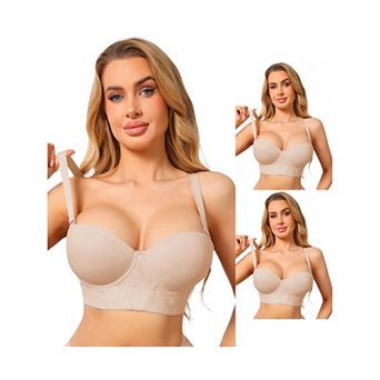 3 Packs Women's Lace Longline Strapless Bra Non-Slip Underwire Push Up Wide Band Convertible Bandeau