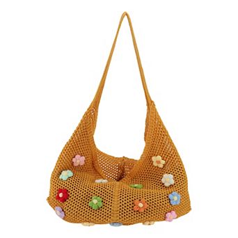 1 pc Floral Hollow Out Knit Tote Shoulder Bag Boho Beach Handbag