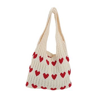 1 pc Heart Pattern Knit Tote Shoulder Bag Travel Casual Handbag