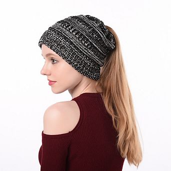 Women's High‑Ponytail Soft‑Stretch Cable‑Knit Winter Beanie Hat