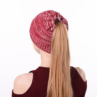 Women's High‑Ponytail Soft‑Stretch Cable‑Knit Winter Beanie Hat