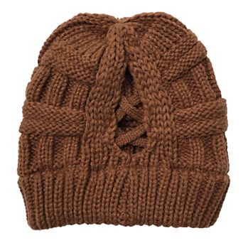 Women's Criss‑Cross Knit Ponytail Winter Beanie