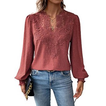 Women Boho V‑Neck Lace Long Sleeve Blouse