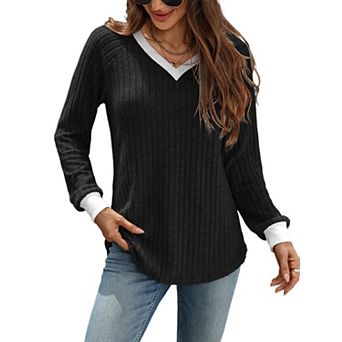 Women's V‑Neck Color Block Tunic Sweater Lightweight Long Sleeve Tops