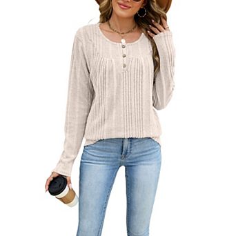 Women Pleated Ribbed Henley Top Long Sleeve Casual Solid Sweaters