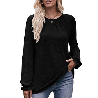 Women's Long Sleeve Tops Leisure Round Neck Pleated Brushed Shirt