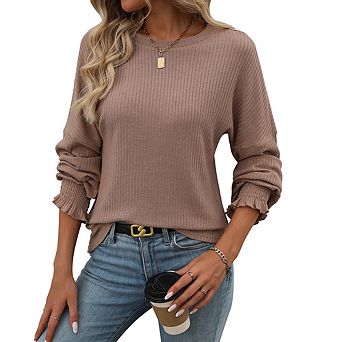 Women Crew Neck Tunic Blouse Lightweight Long Sleeve Pullover Shirt