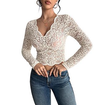Women's Floral Lace Long Sleeve V Neck Tops
