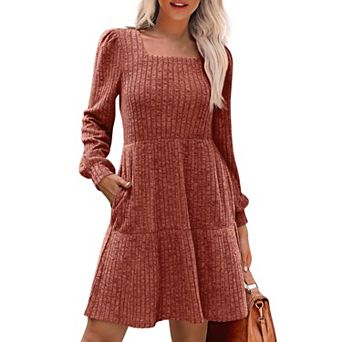 Womens Square Neck Long Sleeve Fall Dresses Casual Sweater Dress
