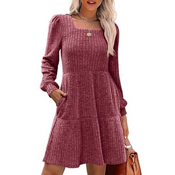 Womens Square Neck Long Sleeve Fall Dresses Casual Sweater Dress