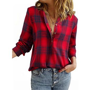 Women's V Neck Plaid Flannel Shirts Button Down Blouses