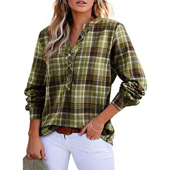 Women's V Neck Plaid Flannel Shirts Button Down Blouses