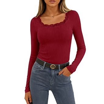 Women Lace Long Sleeves Scoop Neck Ribbed Shirts