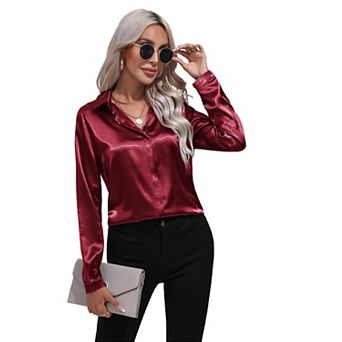 Womens Lapel Collar Satin Long Sleeve Button Up Blouse