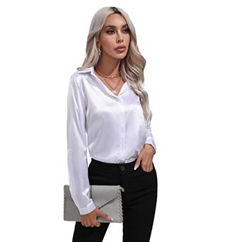 Womens Lapel Collar Satin Long Sleeve Button Up Blouse