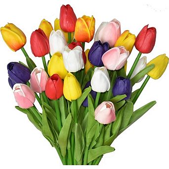 24 pc Multicolor Artificial Tulips, Real Touch PU, for Home & Wedding Decor