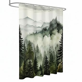 Dark Green Misty Pine Forest Shower Curtain Waterproof Nature-Themed Rustic Bathroom Decor