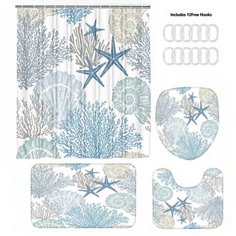 4 pc Shower Curtain Bathroom Sets with Shower Curtain and Rugs Ocean Shower Curtain Set