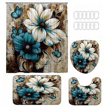 4 pc Artistic Painted Flower Bathroom Shower Curtain and Rugs Set,12 Hooks for Toilet Washroom