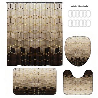 4 pc Gradient Shower Curtain Set,Cubic Lines Bathroom Set Texture Art Bath Accessories with Mats