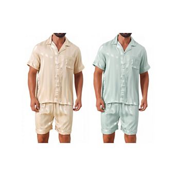 2 Packs Men Satin Button Down Striped Short Sleeve and Shorts Pajama Set