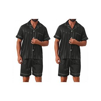 2 Packs Men Satin Button Down Striped Short Sleeve and Shorts Pajama Set