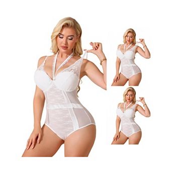 3 Packs Halter Neck Shapewear Bodysuit for Women Plunge Lace Mesh See Through Underwire Bodyshaper