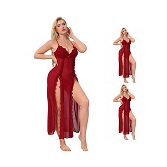 3 Packs Women Lingerie Set Long Side Split Lace Nightdress See Through Mesh V Neck Sleepwear