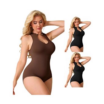 3 Packs Halter Neck Bodysuit for Women Snap Closure Cutout Shapewear Tummy Control Bodyshaper