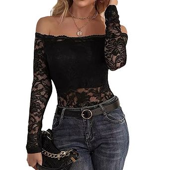 Womens Off Shoulder Floral Lace Long Sleeve Fitted Blouse