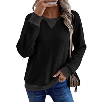 Women's Pullover Tops Color Blocked Waffle Long Sleeve Sweatshirts