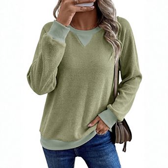 Women's Pullover Tops Color Blocked Waffle Long Sleeve Sweatshirts