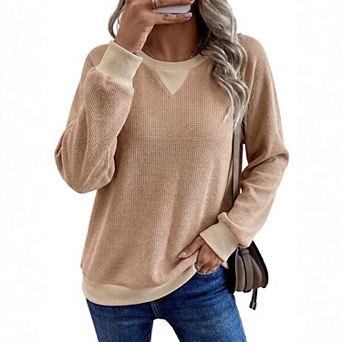 Women's Pullover Tops Color Blocked Waffle Long Sleeve Sweatshirts