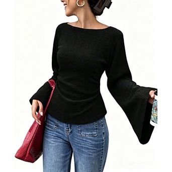 Womens Boat Neck Flare Sleeve Ribbed Knit Fitted Blouse