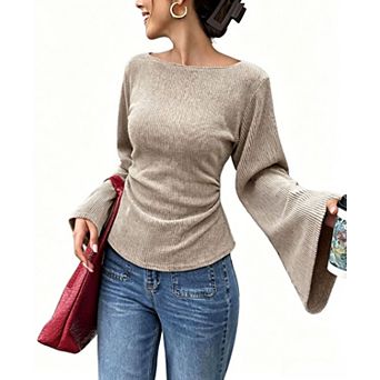 Womens Boat Neck Flare Sleeve Ribbed Knit Fitted Blouse