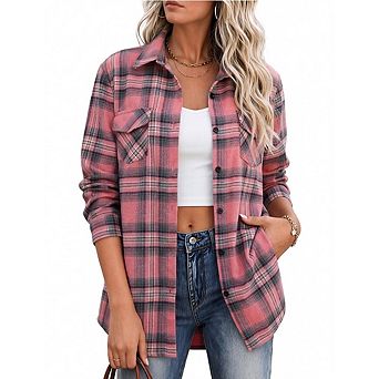 Women Plaid Button Down Shackets Long Sleeve Fall Flannel Shirt