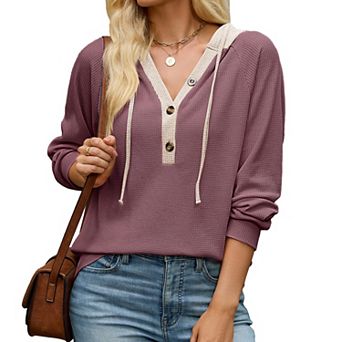 Women Waffle Knit Hooded V Neck Button Drawstring Long Sleeve Tops